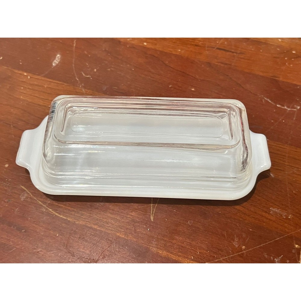 Vintage Fire King OVEN WARE Milk Glass Butter Dish w/Clear Cover